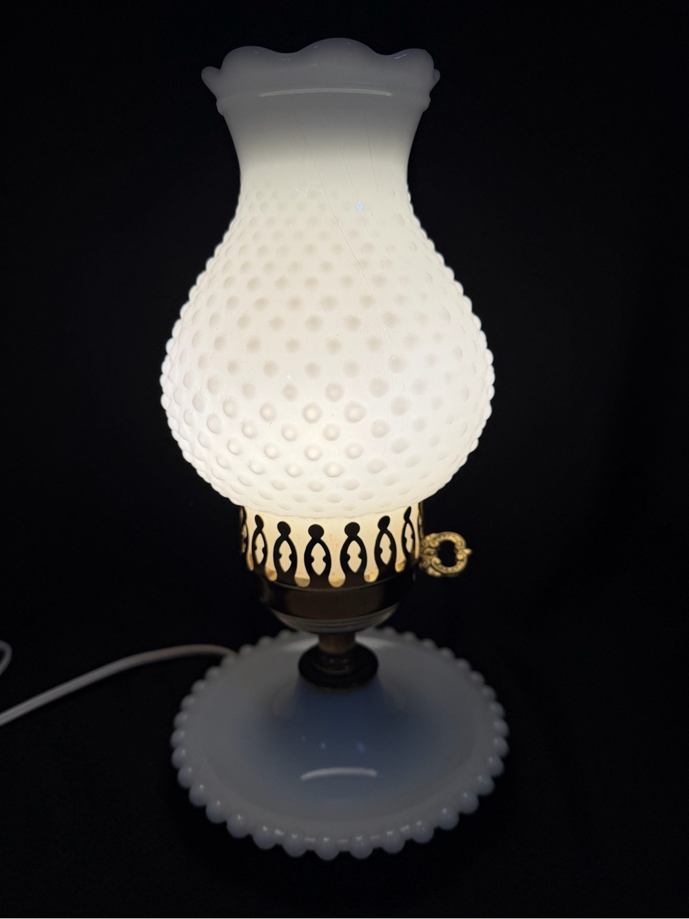 Vintage Milk Glass Hobnail Hurricane Shade Electric Bedside Lamp Works